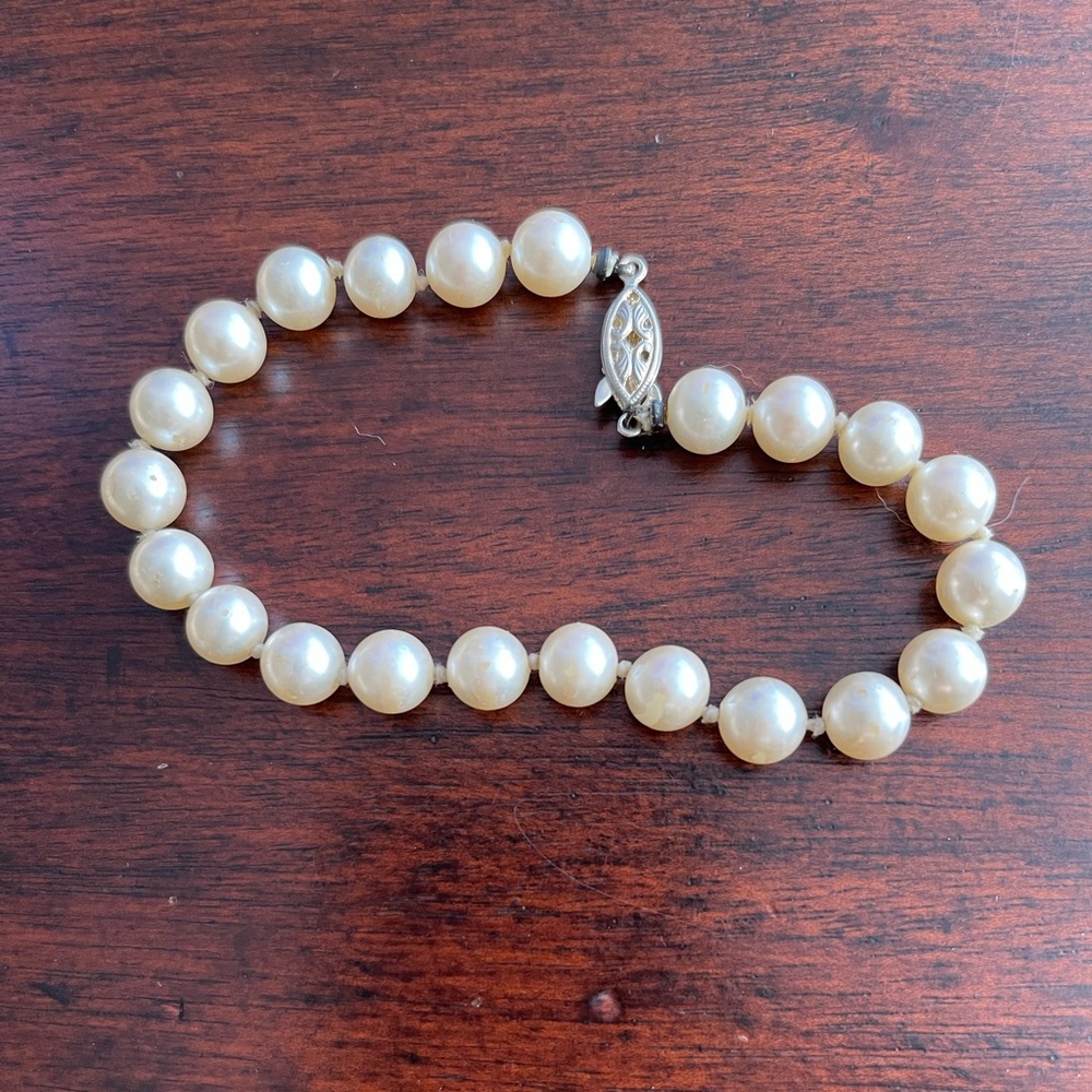 Vintage 8mm faux pearl hand knotted German silver bracelet